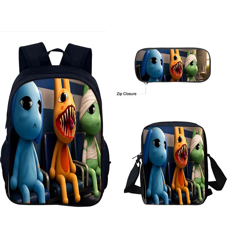 A dark blue backpack featuring three plush toys of animal characters in a school bag set.