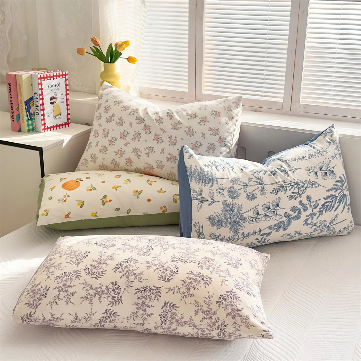 A collection of floral printed pillow covers in various shades of blue and cream resting on a white surface near a window.