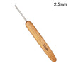 A wooden crochet and knitting needle with a 2.5mm tip and a 2.5mm length.