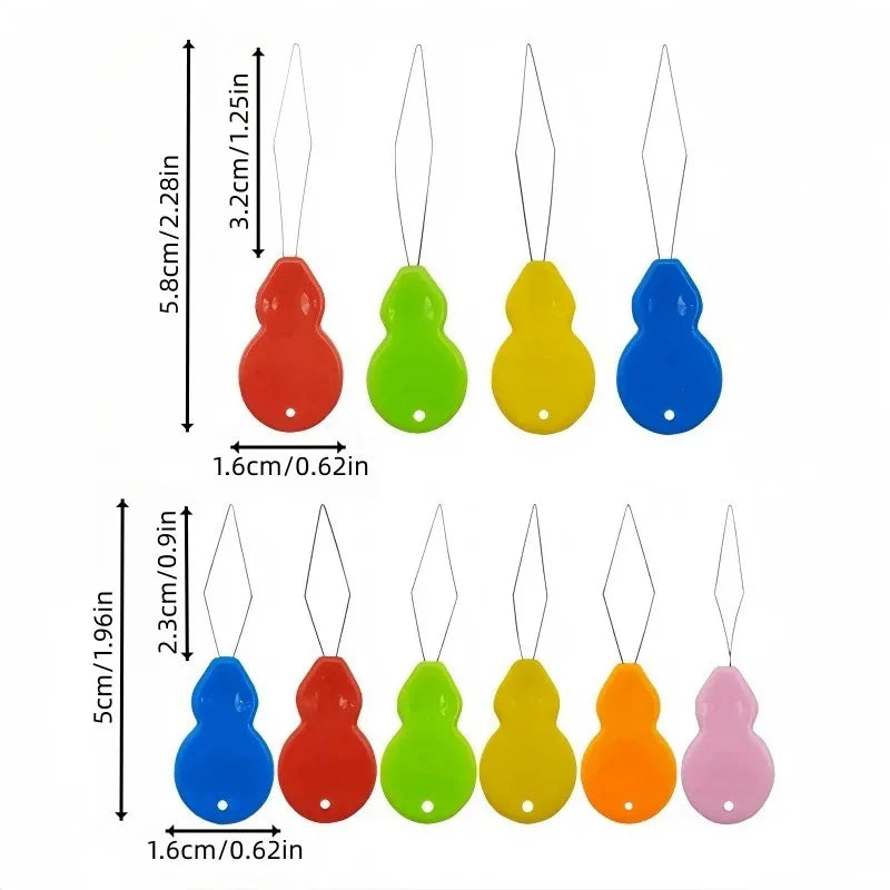 A set of plastic threaders in various colors including red, green, yellow, blue, and pink.