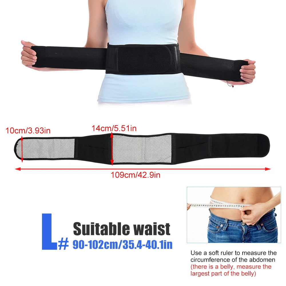 Black magnetic therapy waist belt shown being worn around the torso for lumbar support