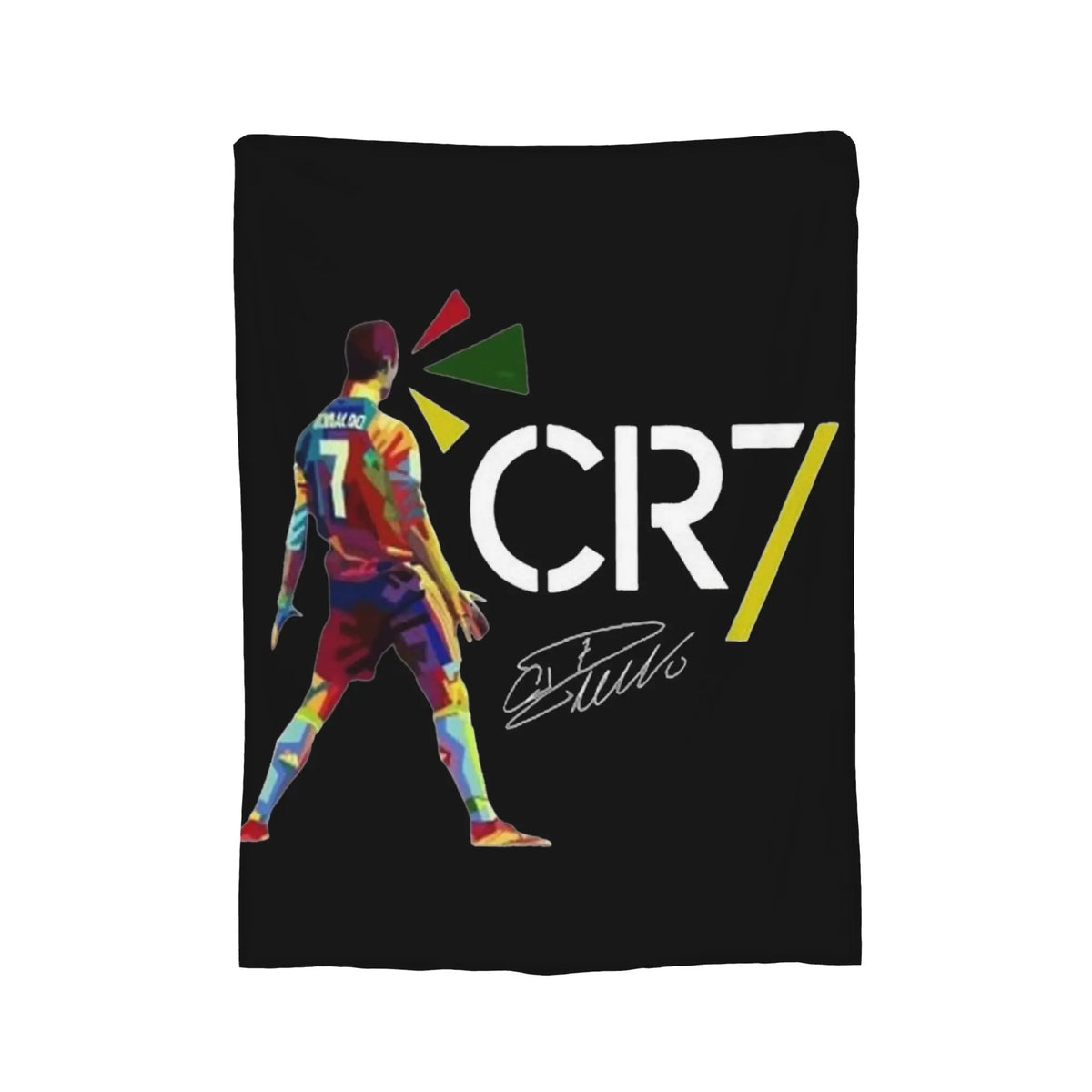 A black throw blanket featuring a graphic design with the text CR7 and a stylized football silhouette.