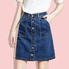 A dark blue denim mini skirt with replacement metal buttons is shown on a model.