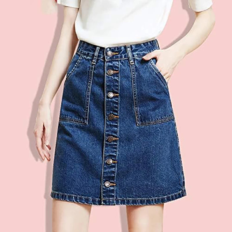 A dark blue denim mini skirt with replacement metal buttons is shown on a model.