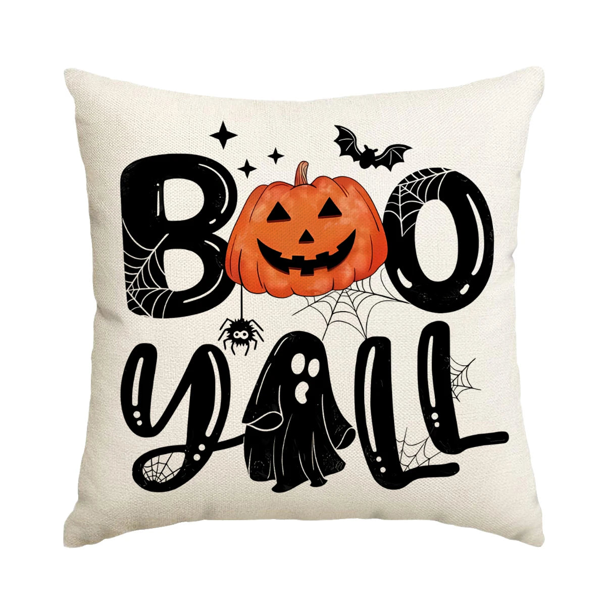 A pillow featuring a black and orange Halloween design with spooky text and a pumpkin face.