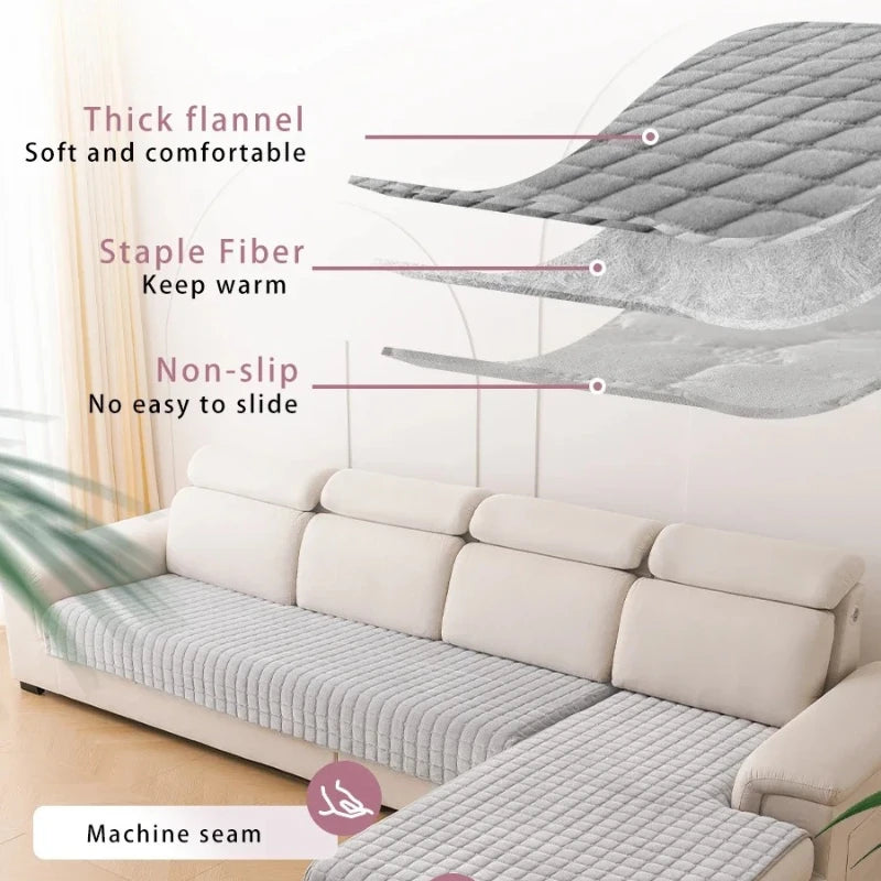 L-shaped corner flannel sofa cover featuring thick fabric, staple fiber warmth, and non-slip properties.