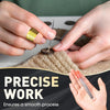 Hands are using a precision stainless steel sewing kit to thread a needle into a piece of yarn.