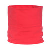 A bright red, knitted neck scarf made of soft cotton.