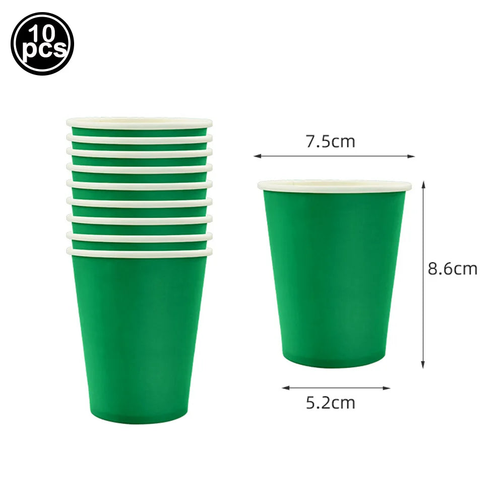 Ten green paper cups with white rims and a black rectangle tablecloth shown next to dimensions.