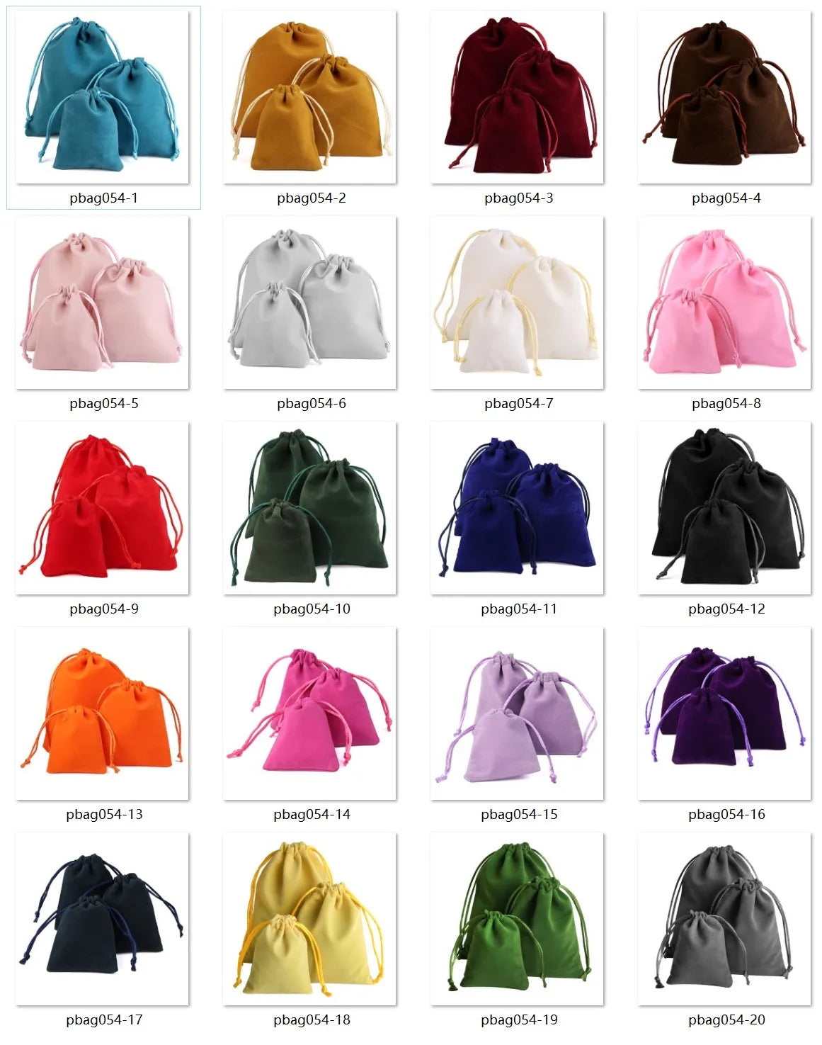 A collection of velvet drawstring jewelry gift bags in various colors including black, red, gold, pink, and green.