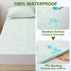 A white bamboo fiber fitted sheet is shown being tested for waterproof properties, highlighting its cooling and breathable fe