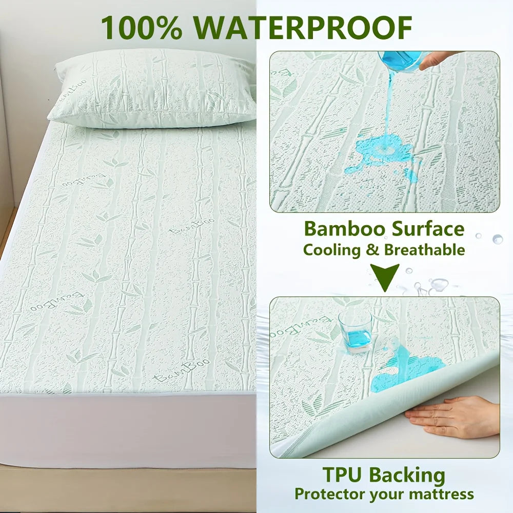 A white bamboo fiber fitted sheet is shown being tested for waterproof properties, highlighting its cooling and breathable fe