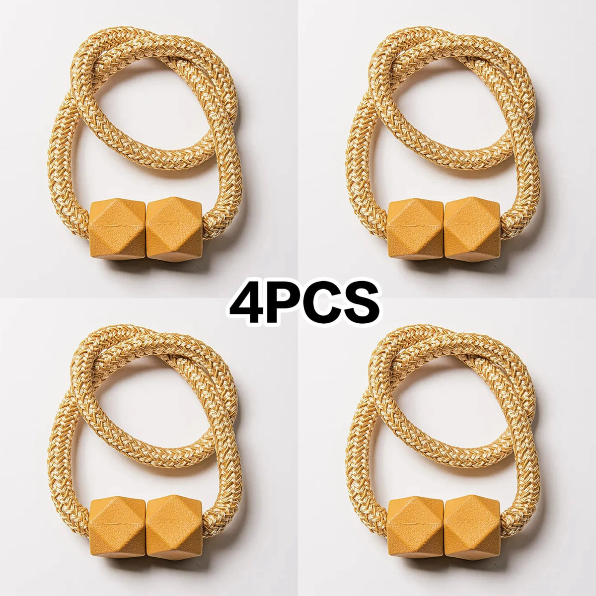A set of four golden-colored magnetic curtain tiebacks, each featuring a wooden block design.