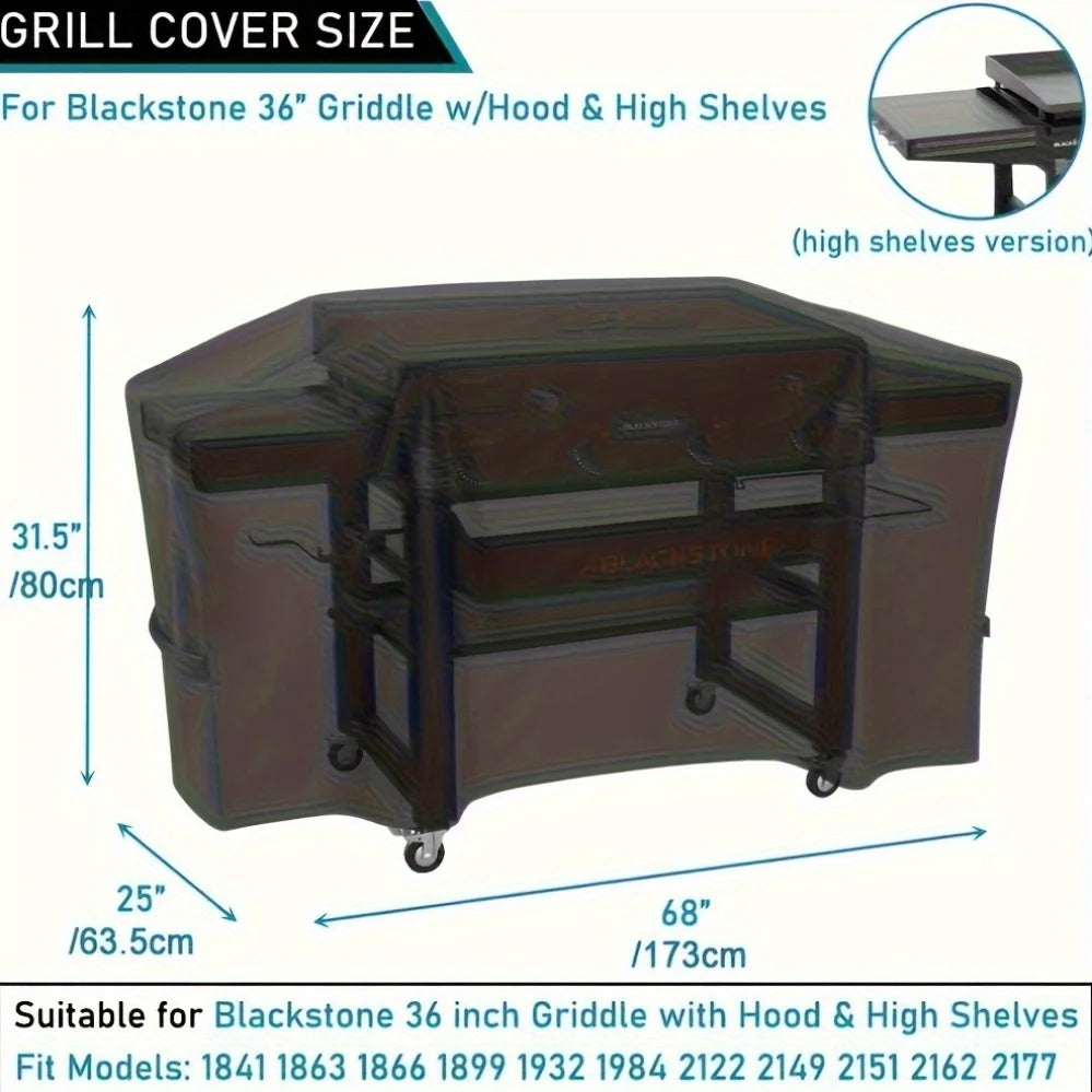 A dark brown heavy-duty grill cover designed for a Blackstone 36 inch griddle with hood and high shelves.