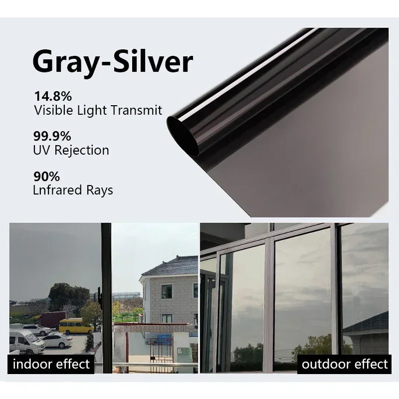 Gray-Silver one-way privacy window film showing indoor and outdoor effects.
