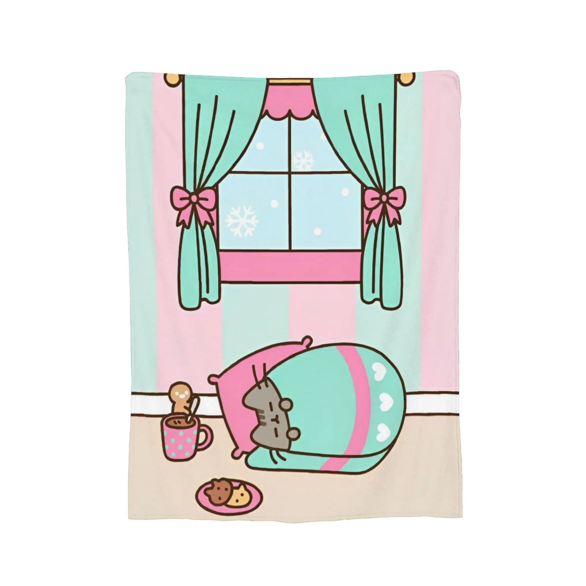 A pastel striped throw blanket featuring a window design with pink curtains and a sleeping cat plush.