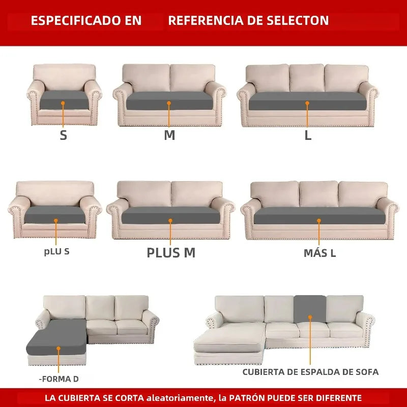 A set of solid elastic sofa cushions in sizes S, M, L, plus M and L, shown with a sofa slipcover.