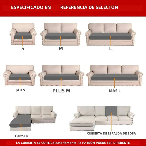 A set of solid elastic sofa cushions in sizes S, M, L, plus M and L, shown with a sofa slipcover.