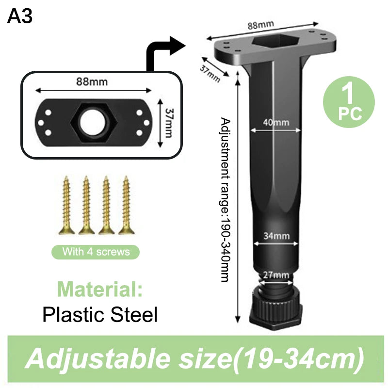 A set of adjustable plastic steel furniture support legs with an 88mm mounting plate and a range of 19-34cm height.