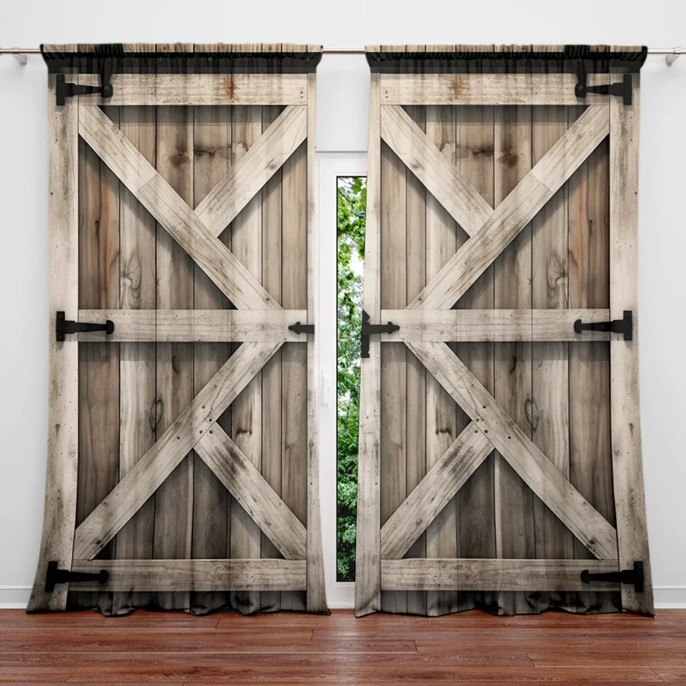 A pair of rustic wooden barn doors with diagonal cross bracing and dark fabric panels.