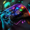 A close-up of a gaming controller design printed on a dark fabric with glowing neon blue and purple accents.