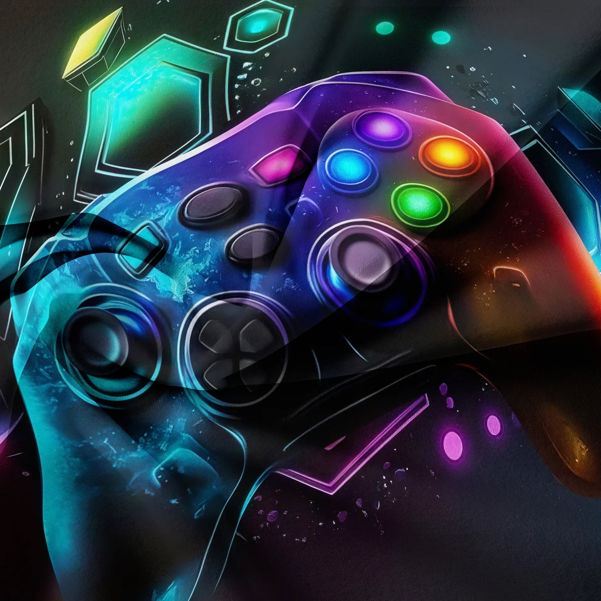 A close-up of a gaming controller design printed on a dark fabric with glowing neon blue and purple accents.
