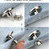 Four steps demonstrating how to use adjustable button pins on clothing fabric.