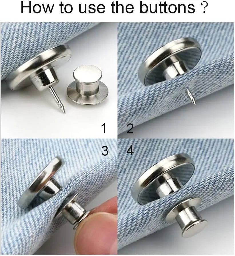 Four steps demonstrating how to use adjustable button pins on clothing fabric.