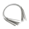 A set of stainless steel circular knitting needles arranged in a semi-circle.