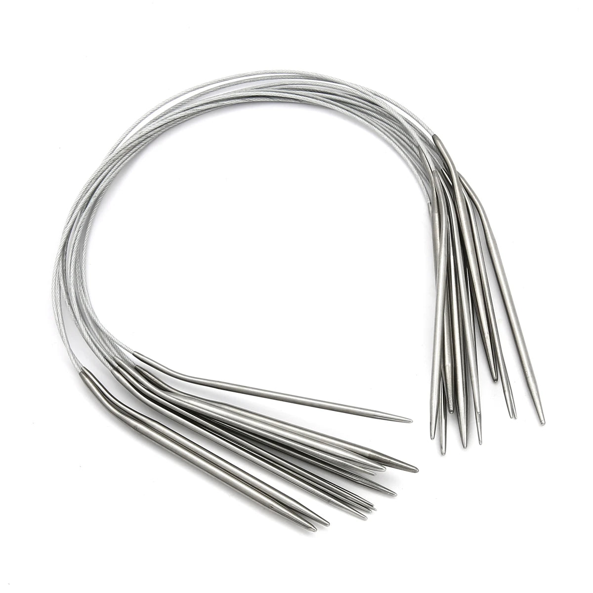 A set of stainless steel circular knitting needles arranged in a semi-circle.