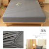 A gray fitted bed sheet set is displayed on a wooden bed frame with pillows and bedside tables.