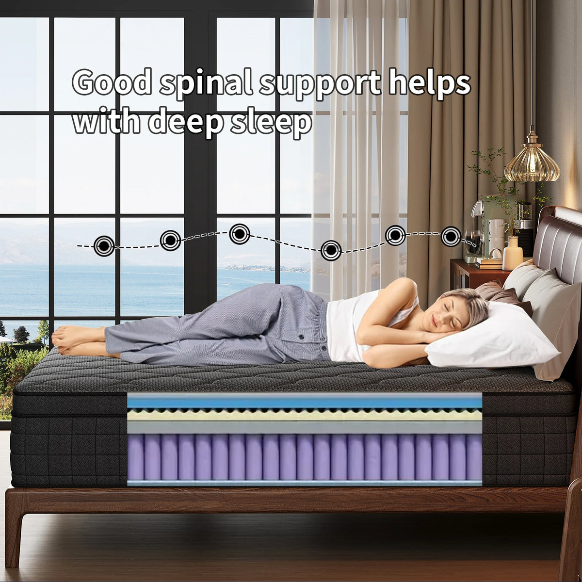 A person sleeping on a hybrid memory foam and pocket spring mattress with spinal support, demonstrating deep sleep.