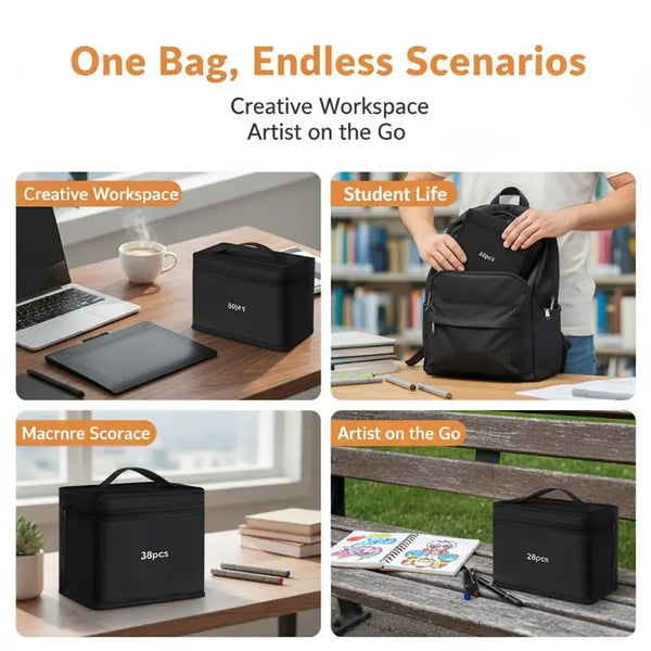 A black portable marker storage pouch with a zipper is shown in various creative workspace and student life contexts.