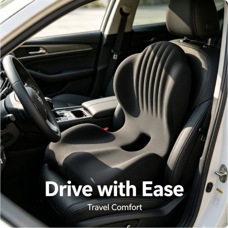 Interior view of a car showing a driver's seat with a black leather seat and ergonomic lumbar support cushion.