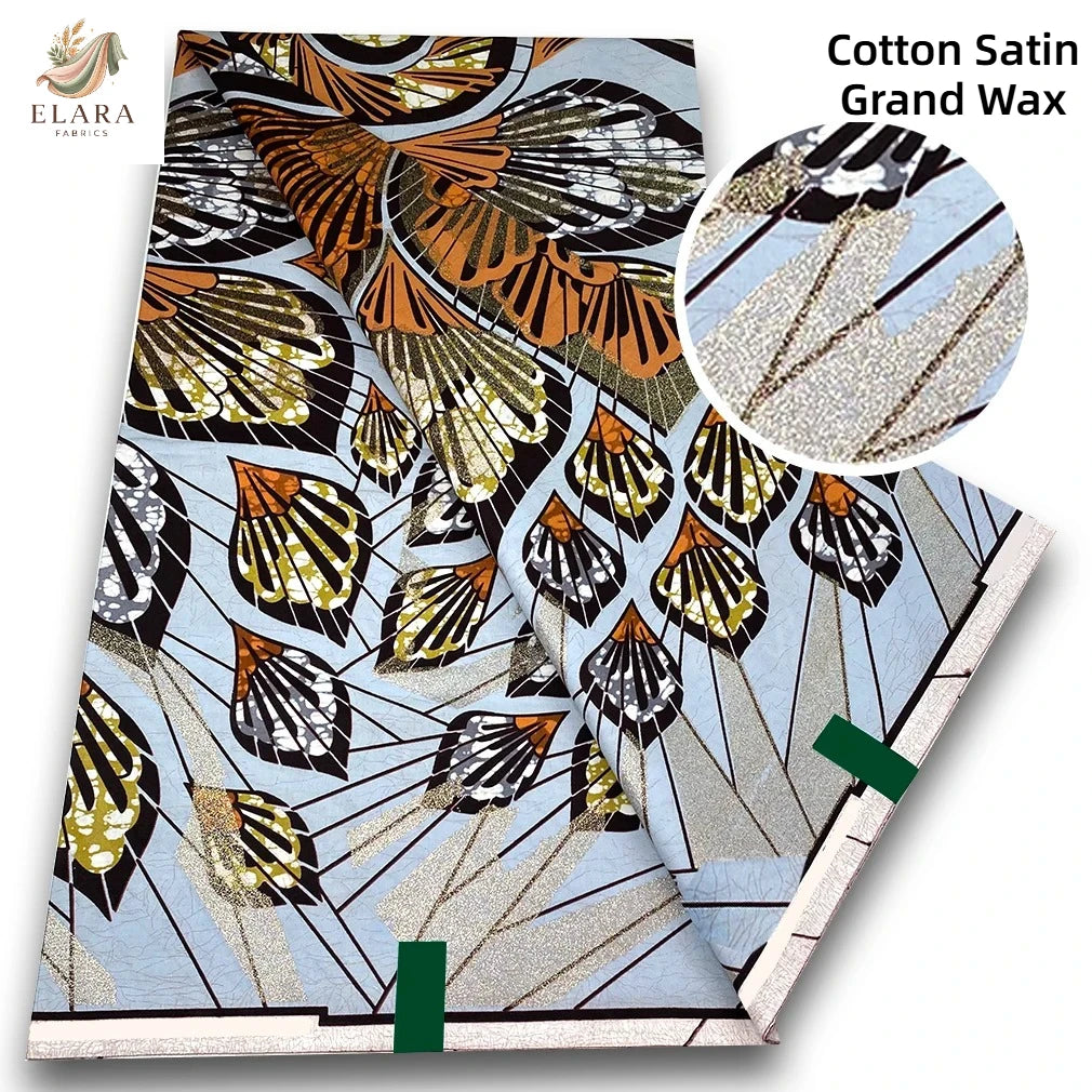Cotton Satin Grand Wax fabric featuring geometric patterns in beige, gold, and gray tones.