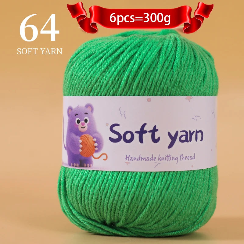 A ball of 64 soft green yarn, labeled as handmade knitting thread.