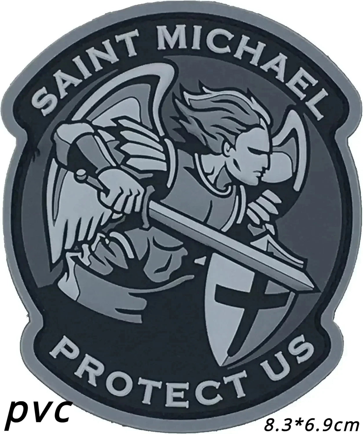 A circular patch featuring a winged figure holding a sword on a shield with the text Saint Michael Protect Us