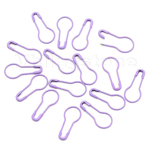 A collection of purple gourd-shaped locking safety pins for knitting and sewing.