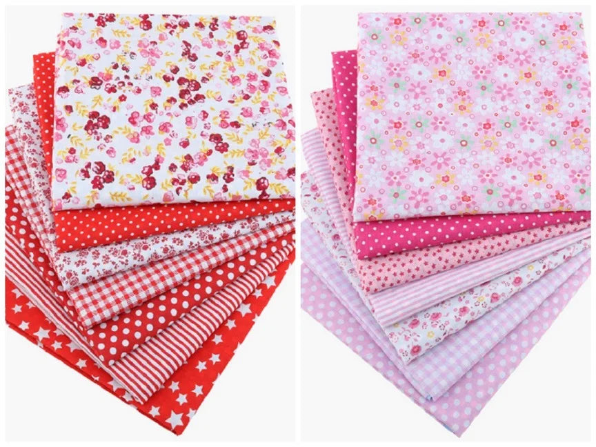A collection of pink, red, and white floral dot pattern cotton fabric squares for DIY crafting.