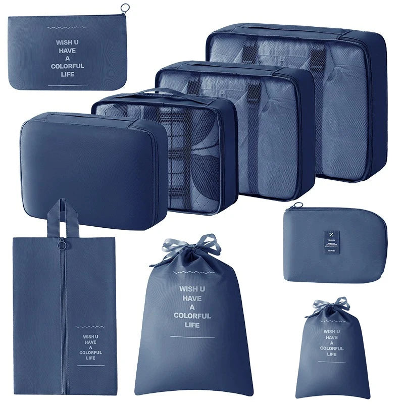 A set of nine blue mesh storage organizers and a matching tote bag for portable organization.