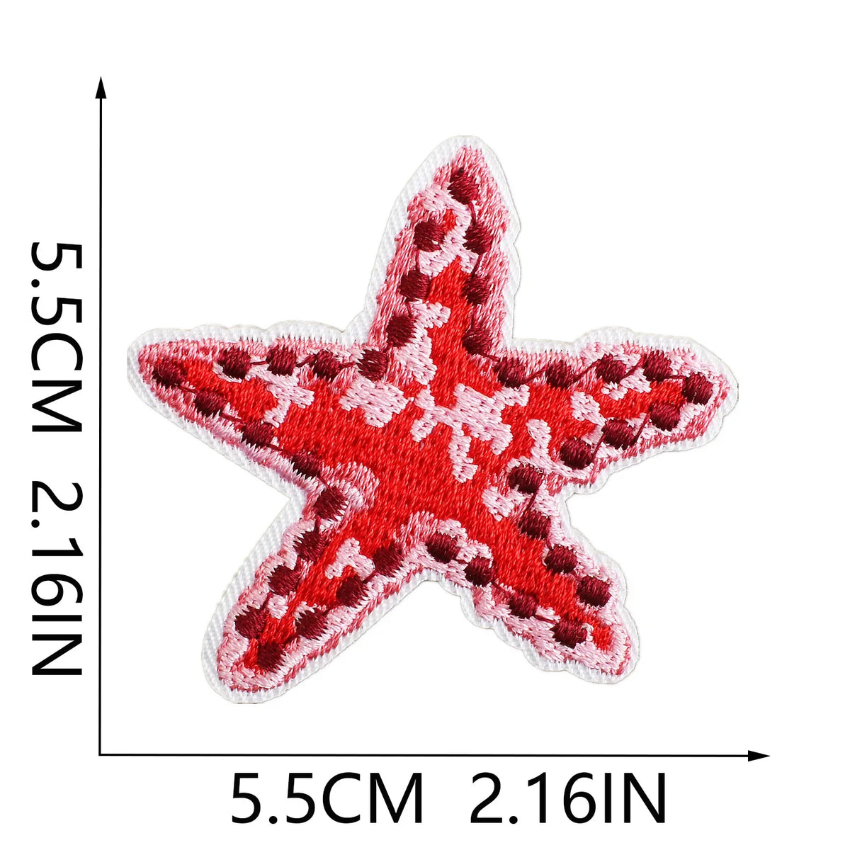 A red star shaped embroidered patch with white detailing on a white background.