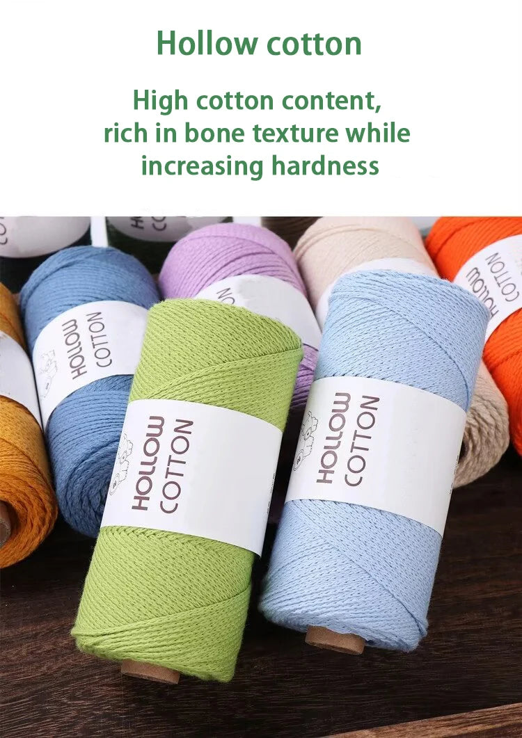 Spools of hollow cotton yarn in various shades including green, blue, and orange.