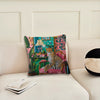 A decorative cushion cover featuring a cheetah print and lush green plant motifs on a pink background.