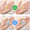 Hands display various five-pointed star embroidery patches for clothing, showing front and back views.
