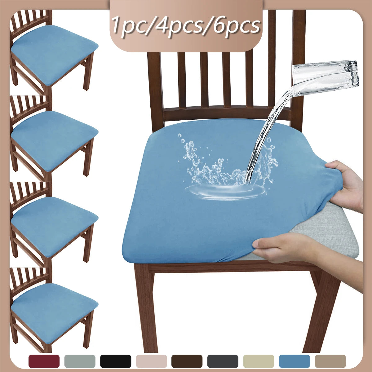 Blue elastic bench cover with a water faucet pouring water onto the fabric