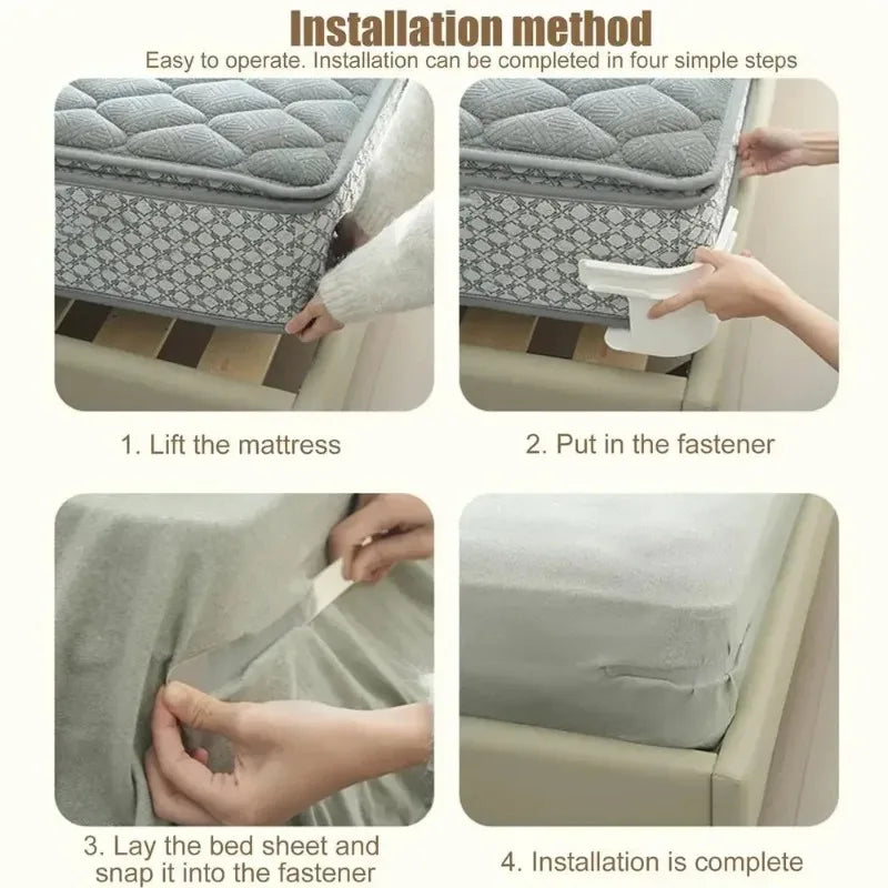 Installation steps showing how to lift a mattress, put in a fastener, lay a bed sheet, and complete installation.