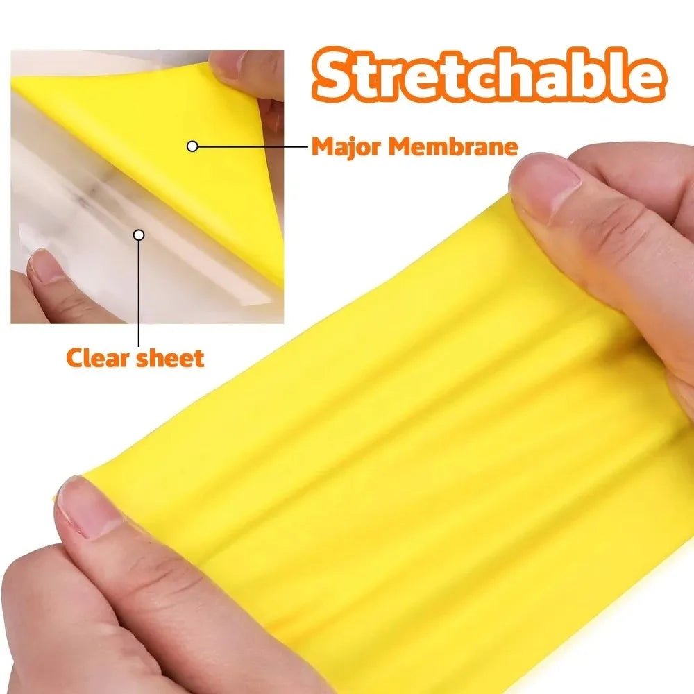 Yellow stretchable heat transfer vinyl sheet showing a clear sheet and major membrane layer.