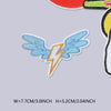 A light blue embroidered butterfly with a yellow lightning bolt on a gray background.
