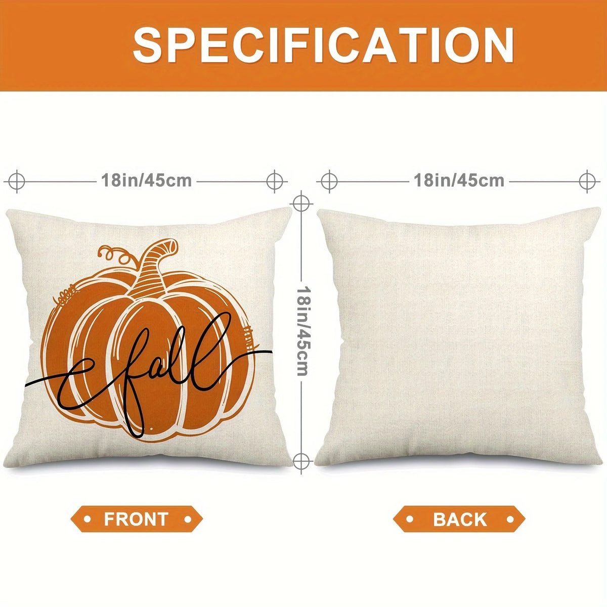 Front and back view of a vintage autumn pumpkin pillow cover in a natural beige color.