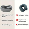 A gray memory foam travel neck pillow shown in two views, highlighting its support features and portability.